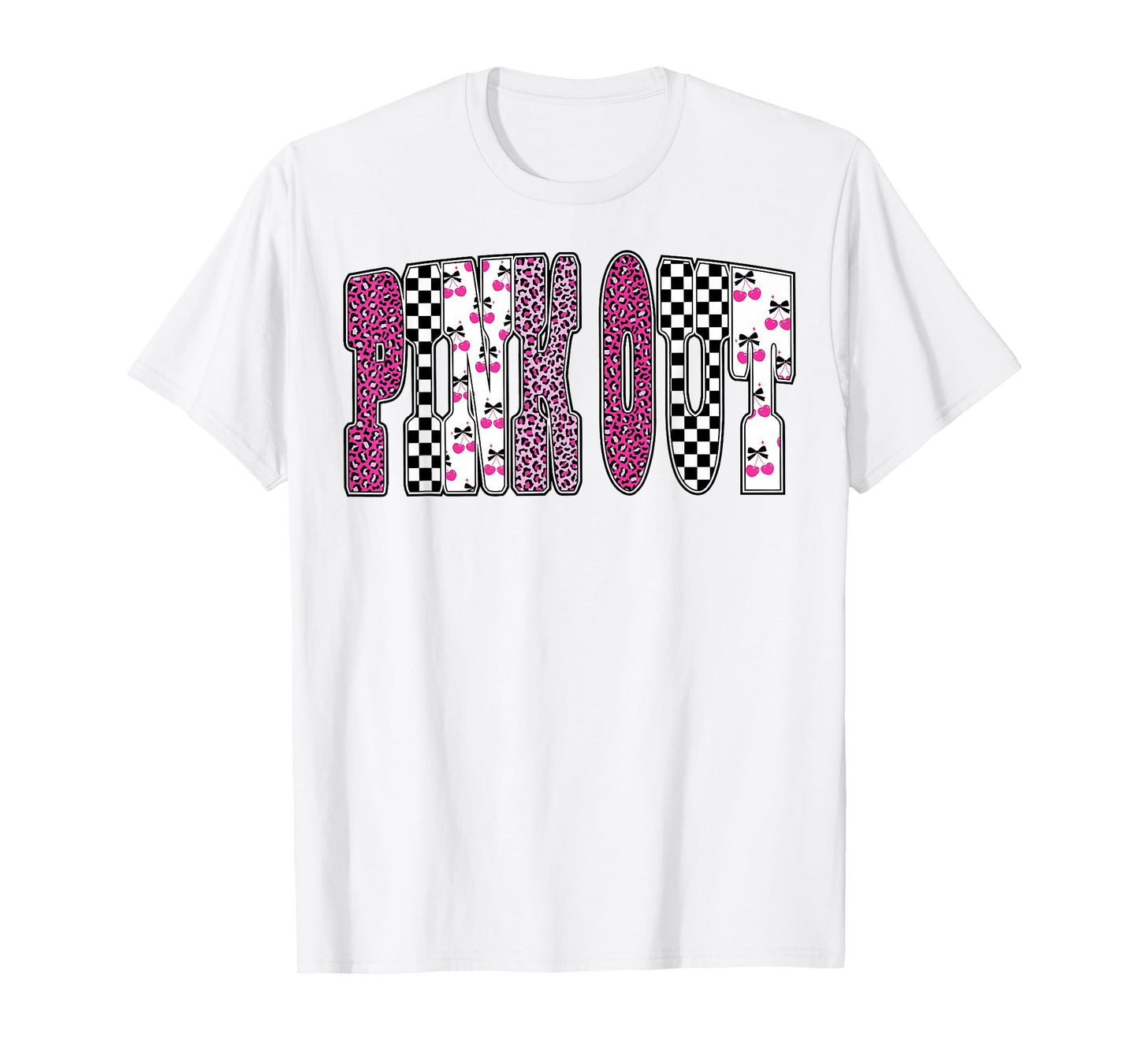Pink Out Leopard Checkered Breast Cancer Football Game Day T-Shirt