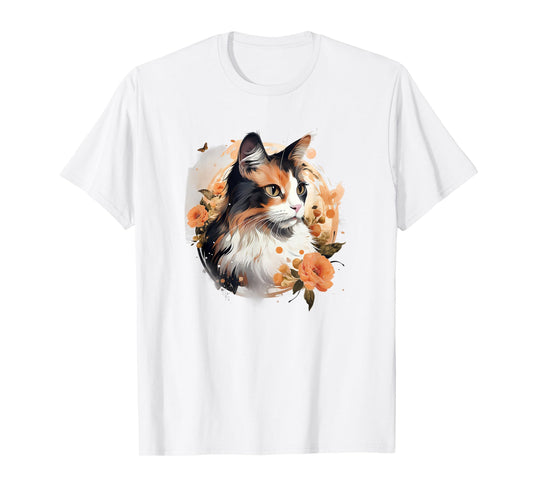 Womens Girls Kids Floral Beautiful Flowers Calico Cat Lover T-Shirt