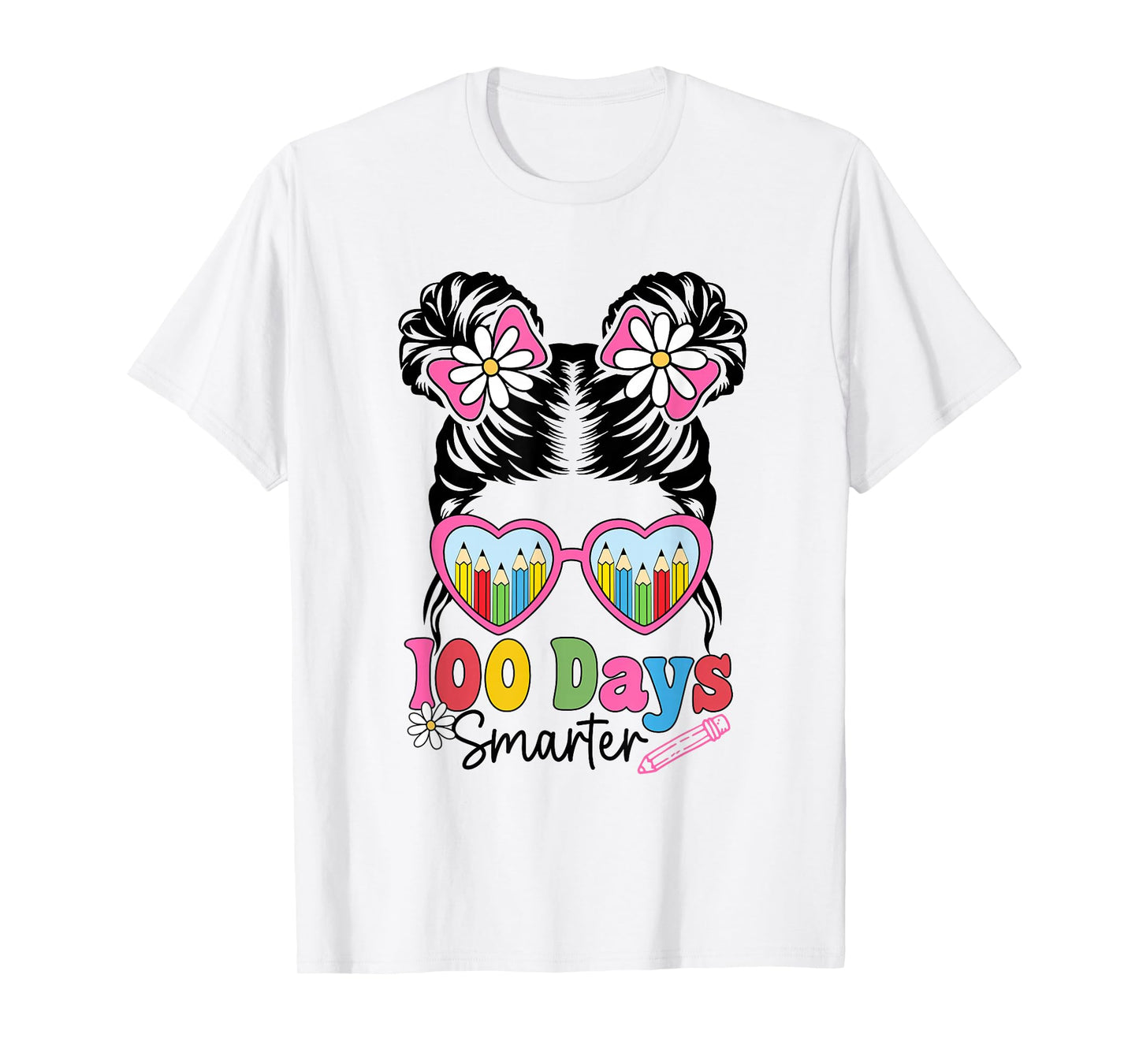 100 Days Smarter Messy Bun Hair Girls Kids 100th Day School T-Shirt