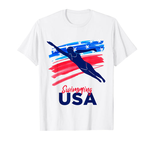 Womens Swimming Support Team Flag USA Pool Swimmer American T-Shirt