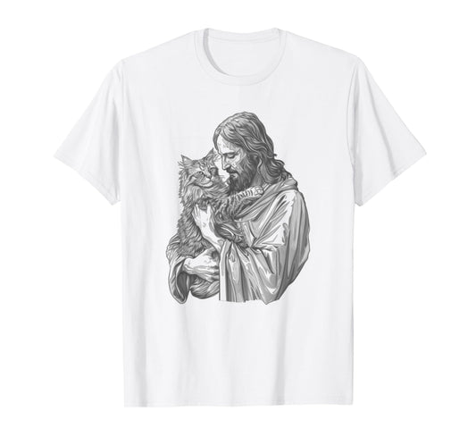 Jesus Holding Maine Coon Cat Longhair Pet Cat God T-Shirt for Men Women