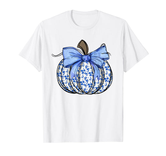 Retro Coquette Bow Blue Floral Pumpkin Halloween Autumn Fall T-Shirt