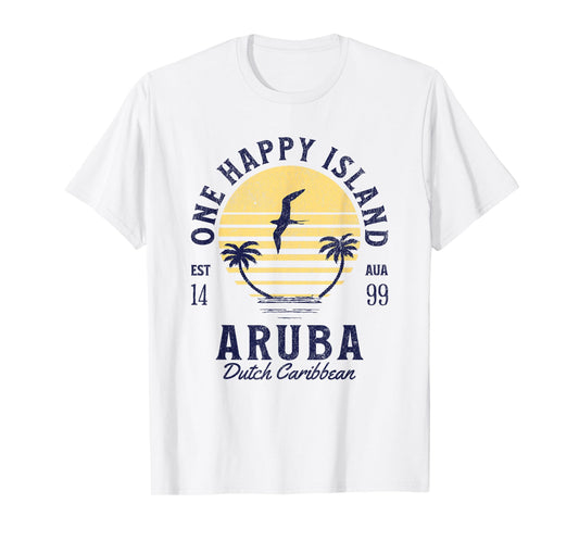 One Happy Island Aruba Shirt Retro Sunset Palm Ocean Vintage T-Shirt