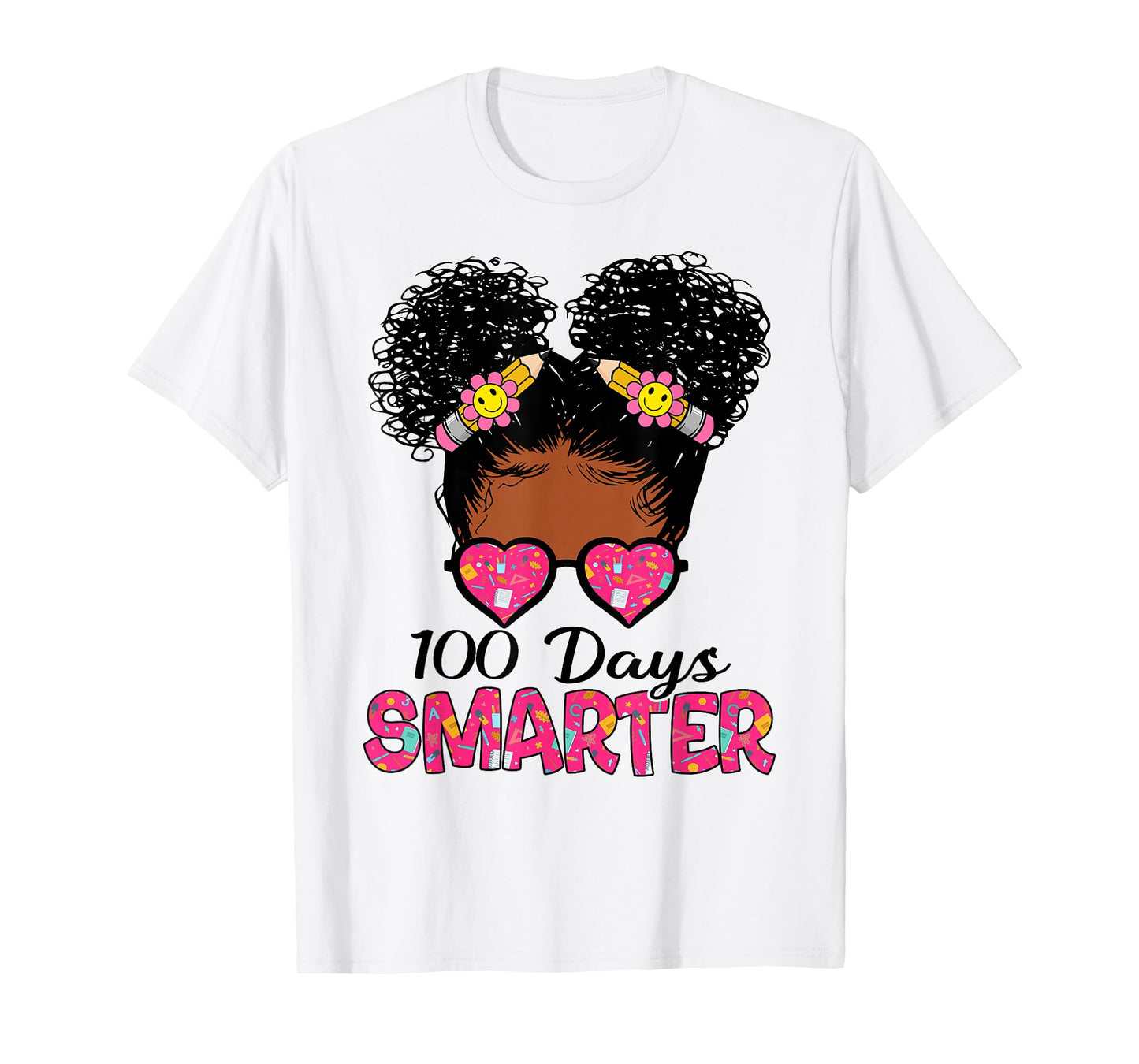 100 Days Smarter Black Girl Messy Bun 100th Day of School T-Shirt