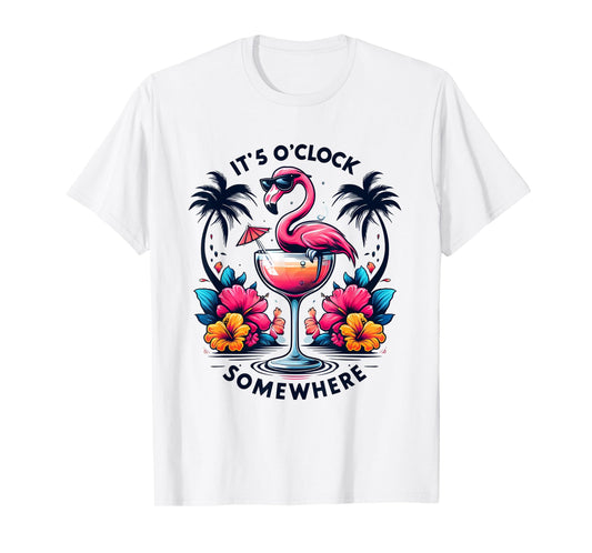It's 5 O'Clock Somewhere Flamingo Beach Vacation Drinking T-Shirt for Men Women