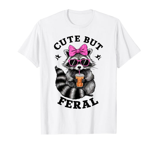 Cute But Feral Funny Colorful Racoon With Sunglasses Racoon T-Shirt, Small, White