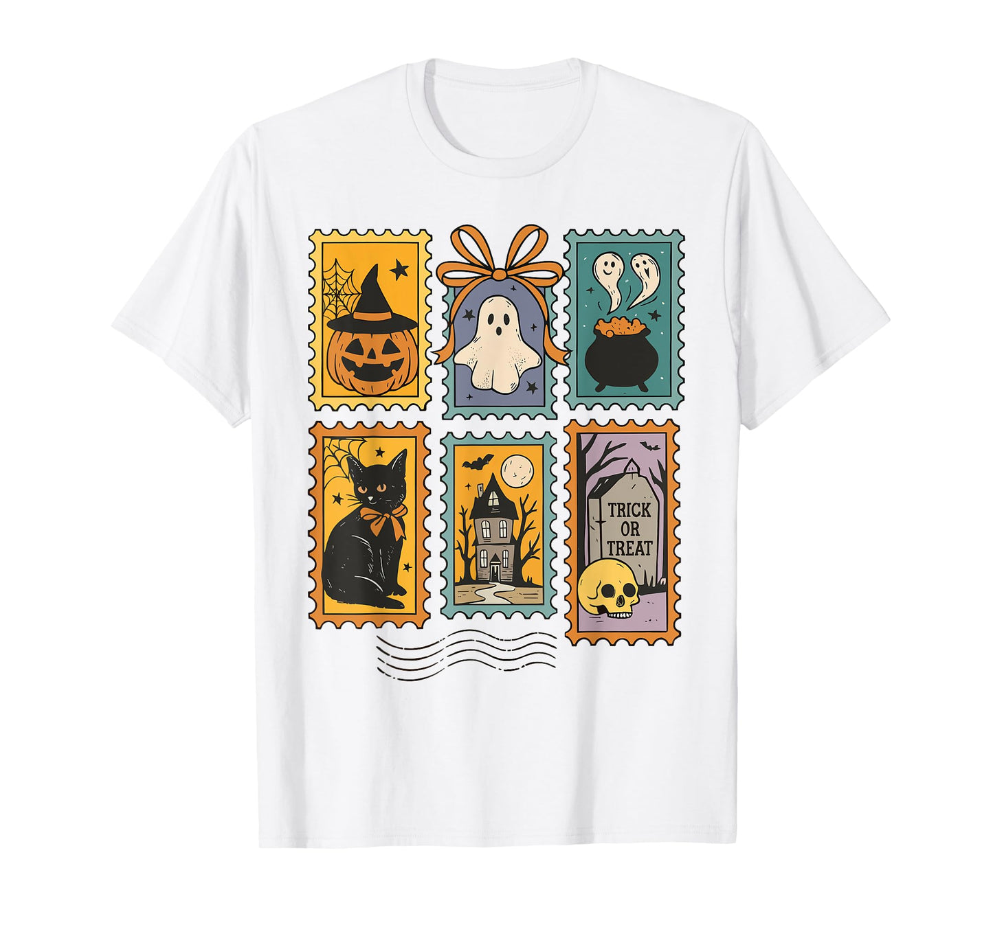 Retro Halloween Stamp Icons Funny Halloween Cat Ghost Stamp T-Shirt