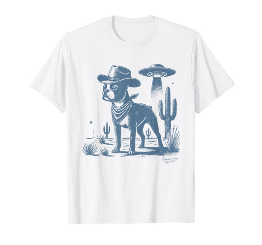 Boston Terrier UFO Cowboy Dog, Dog Mom, Dog Dad, Alien Dog T-Shirt