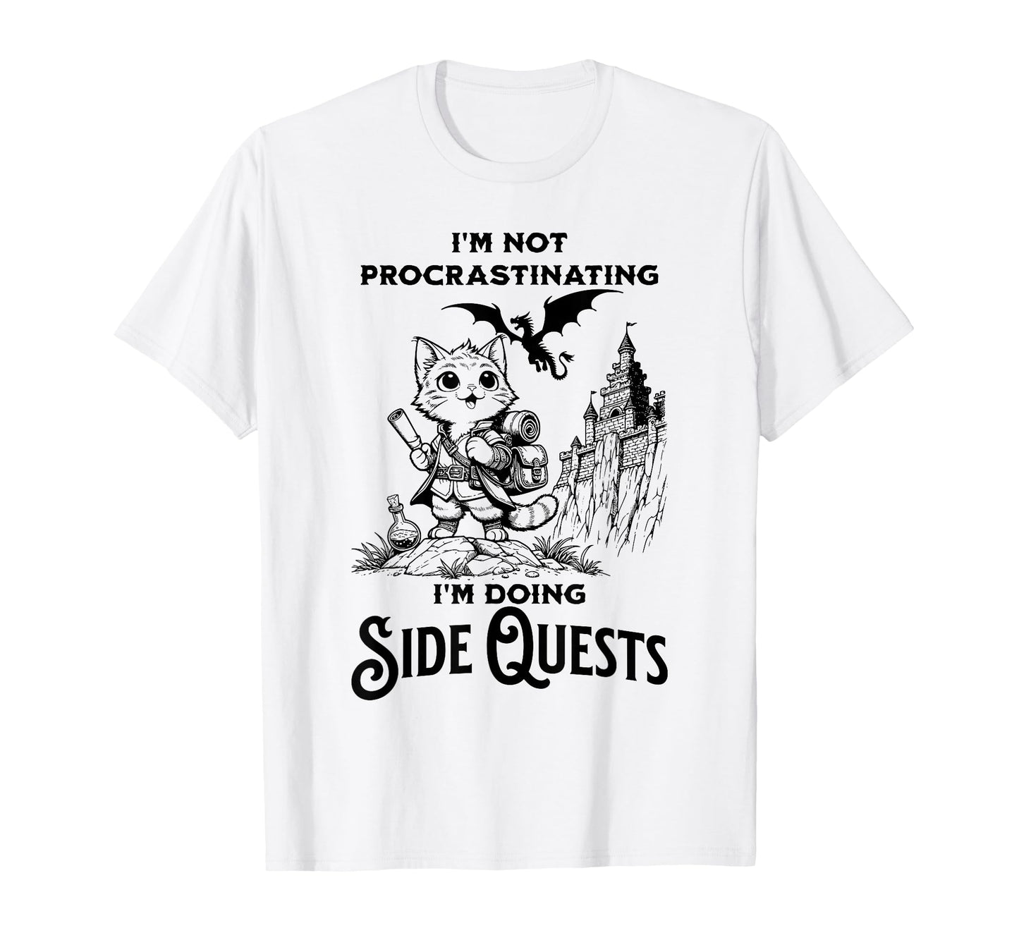 I'm Not Procrastinating I'm Doing Side Quests RPG Gamer Cat T-Shirt