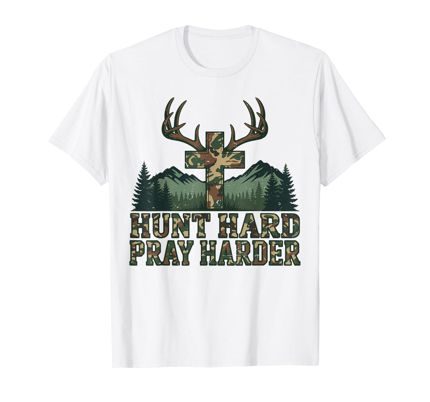 Youth Camo Christian Deer Hunting Cross Hunt Hard Pray Faith T-Shirt