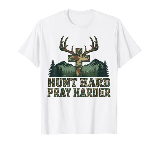 Youth Camo Christian Deer Hunting Cross Hunt Hard Pray Faith T-Shirt