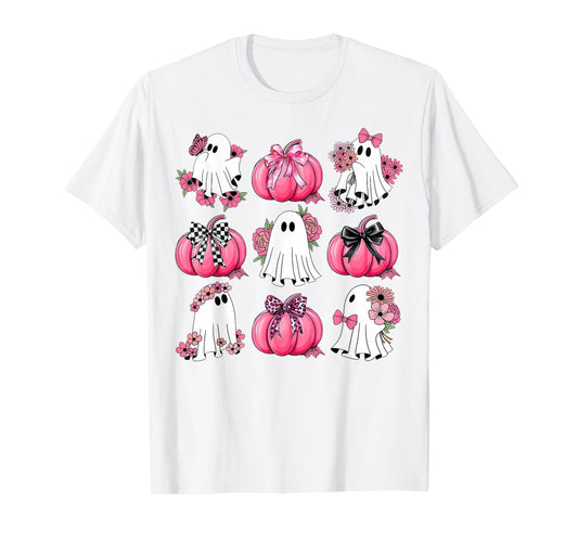 Cute Ghost Florals Pink Coquette Bows Pumpkins Halloween T-Shirt