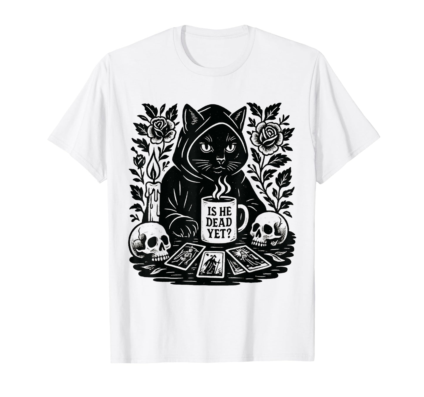 Is He Vintage Dead Yet Dark Humor Gothic Coffee Ritual Cat T-Shirt