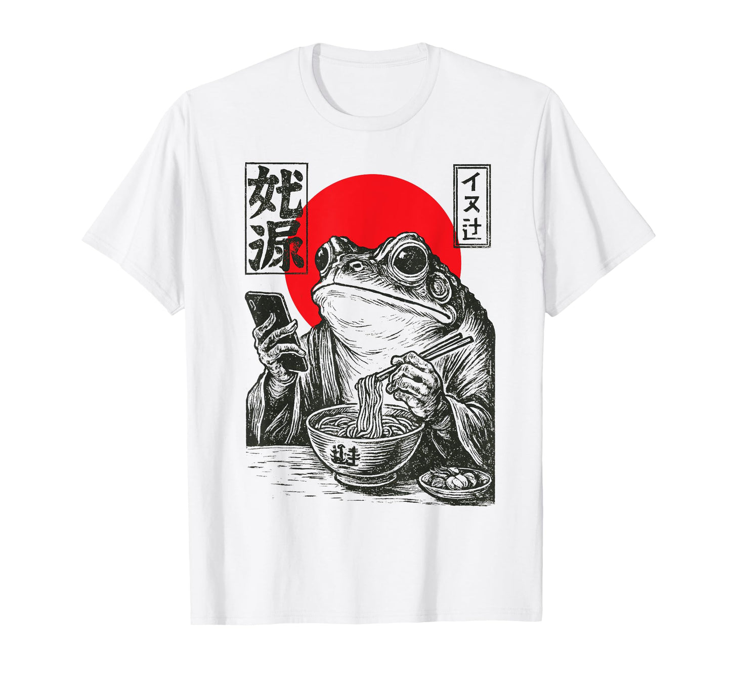 Funny Grumpy Frog Eat Ramen and Scroll Phone Japanese Art T-Shirt