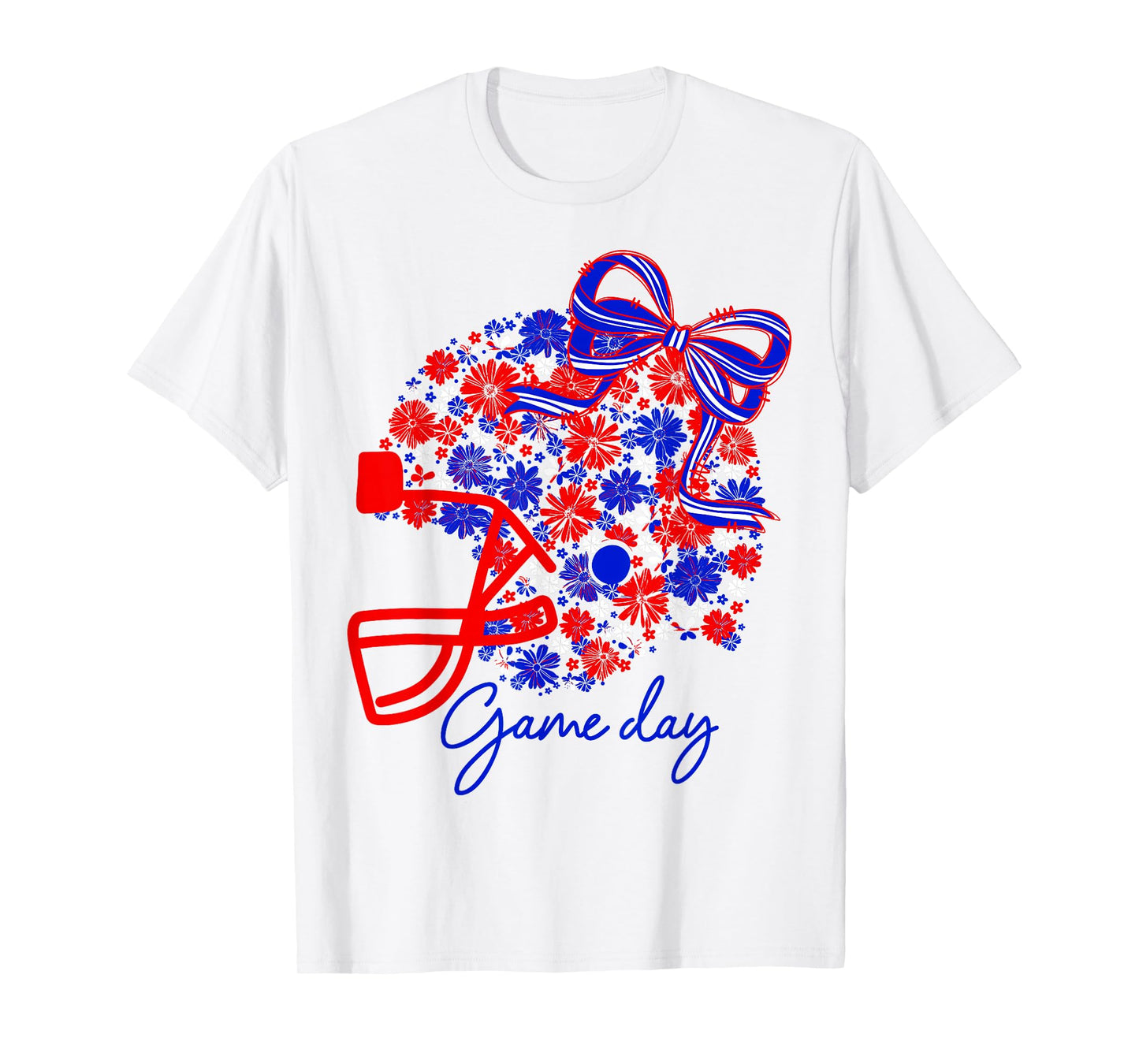 Floral Football Game Day Girly Team Spirit Blue Red & White T-Shirt