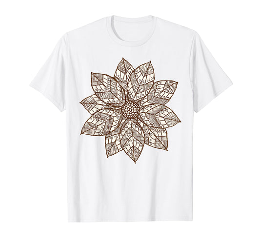 Brown & White Mandala Flower Yoga Sacred Mantra Geometry T-Shirt