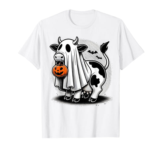 Awesome Moo Halloween Cow Wearing Ghost Costume With Pumpkin T-Shirt