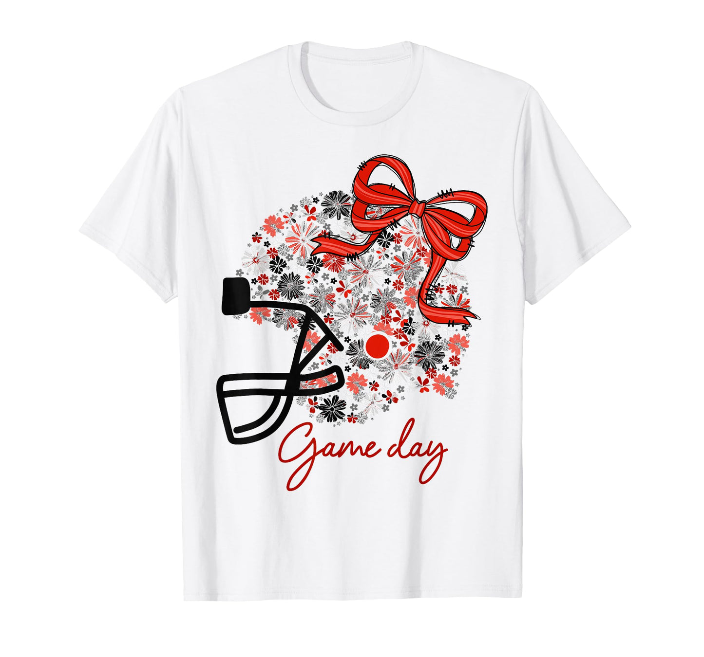 Floral Football Game Day Girly Team Spirit Black Red & White T-Shirt