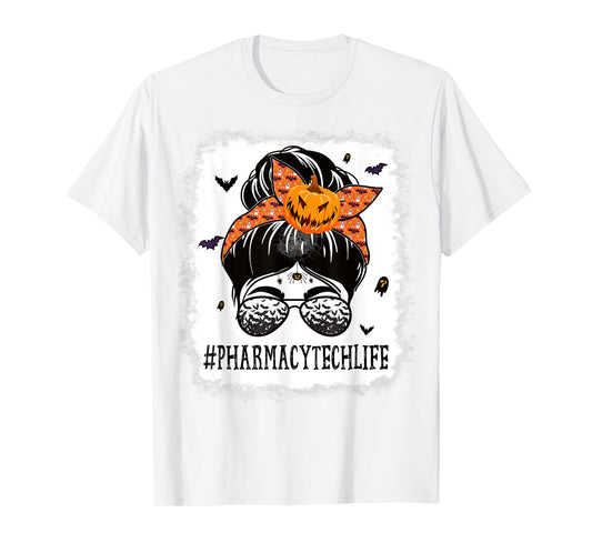 Pharmacy Tech Messy Bun Spooky Pumpkin Halloween Costume T-Shirt