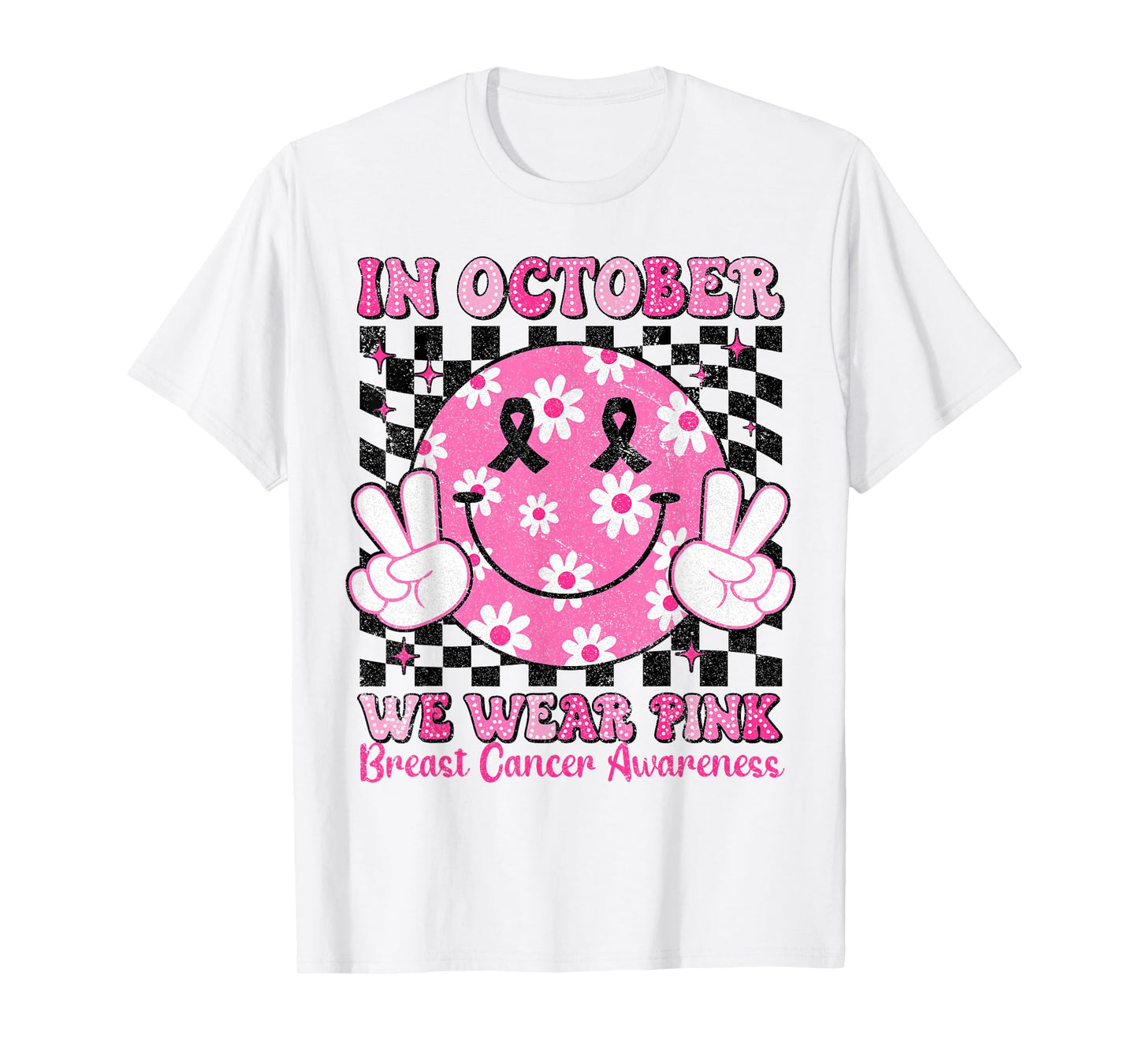 in October We Wear Pink Breast Cancer Awareness Checkered T-Shirt