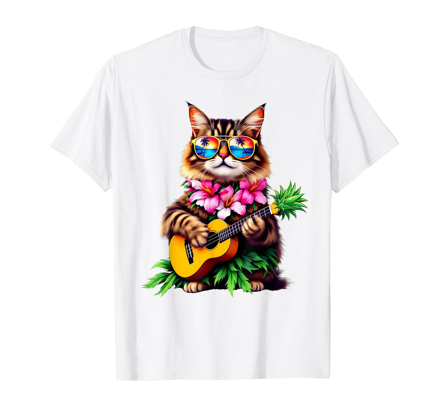 Hawaiian Maine Coon Cat & Pineapple Ukulele Summer Vacation T-Shirt