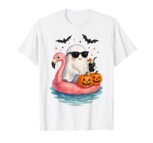 Summer Ghost Watercolor Cute Ghost With Flamingo Float Beach T-Shirt