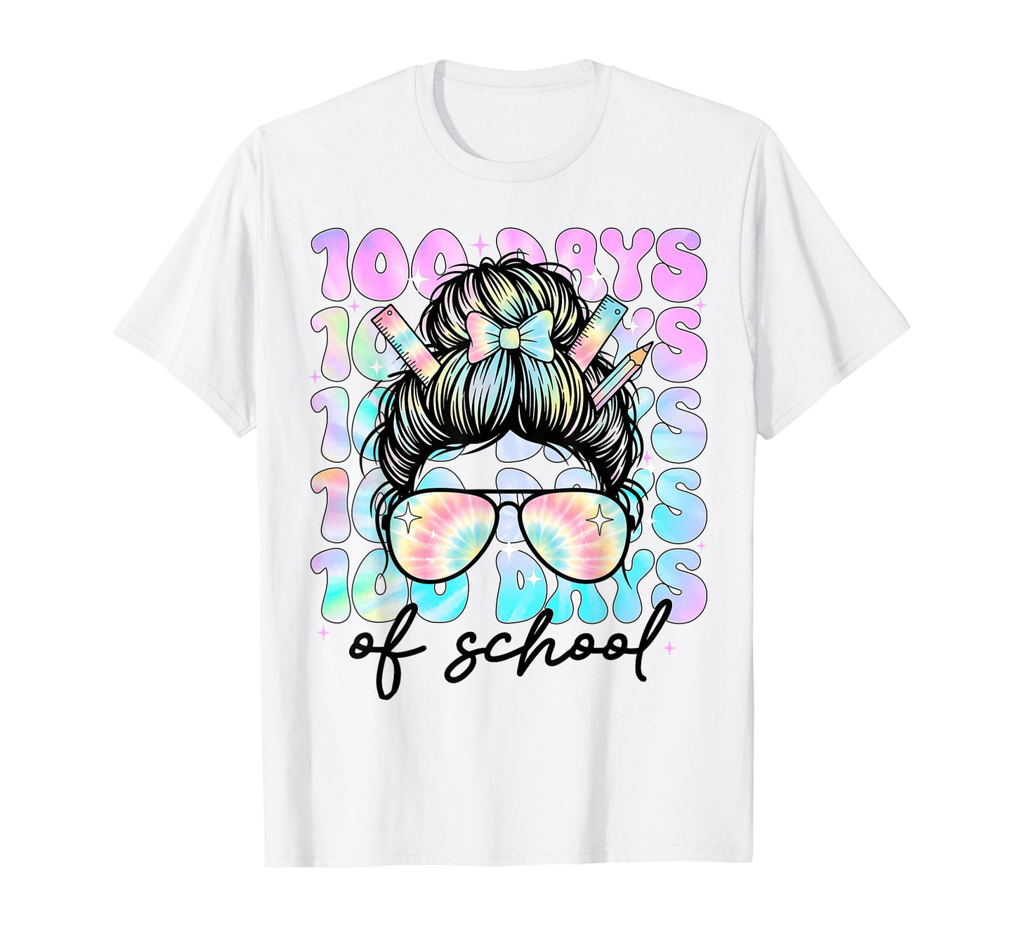 100 Days of School Girls Women 100th Day of School Messy Bun T-Shirt