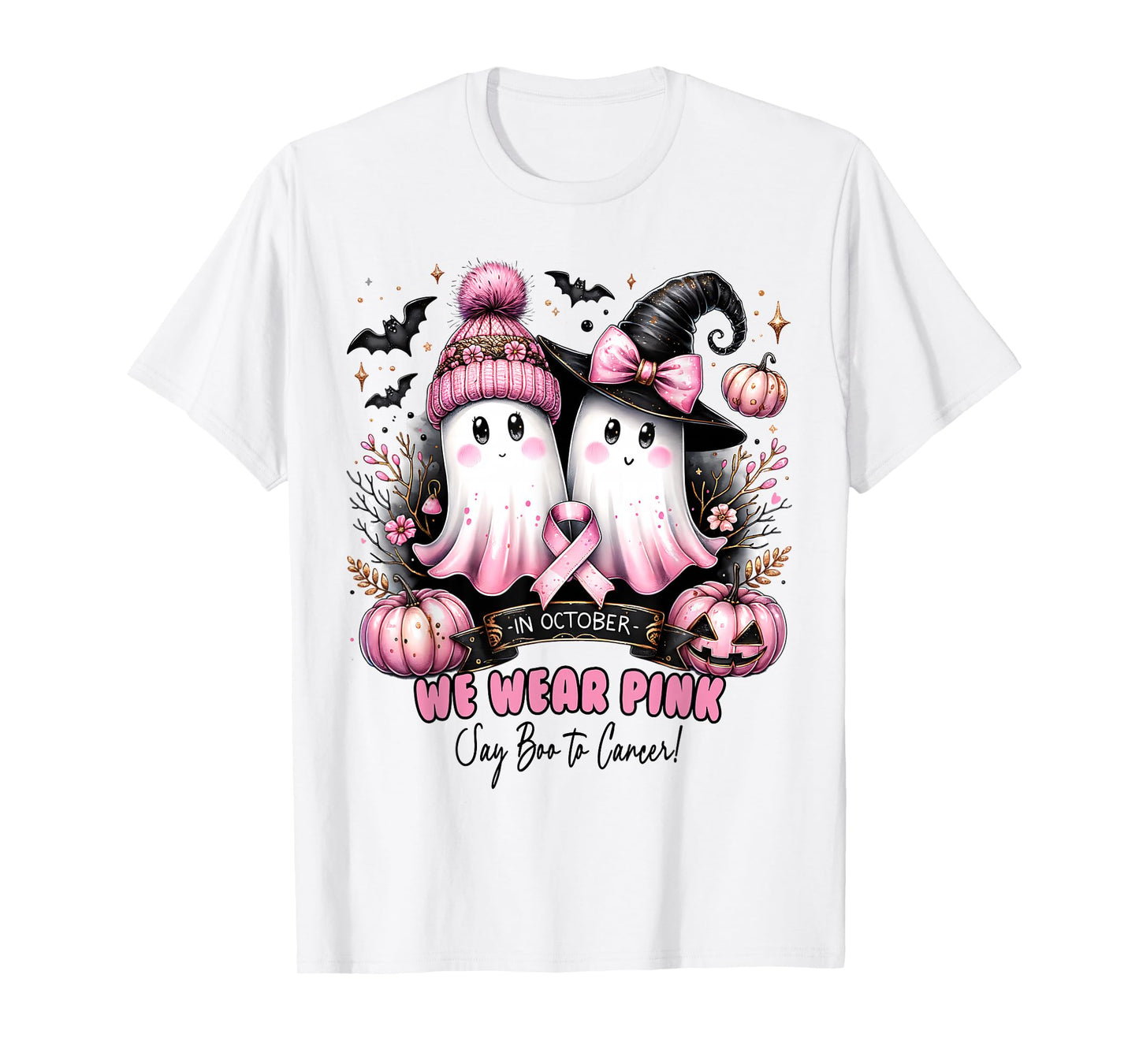 in October We Wear Pink Ghost Witch Breast Cancer Awareness T-Shirt