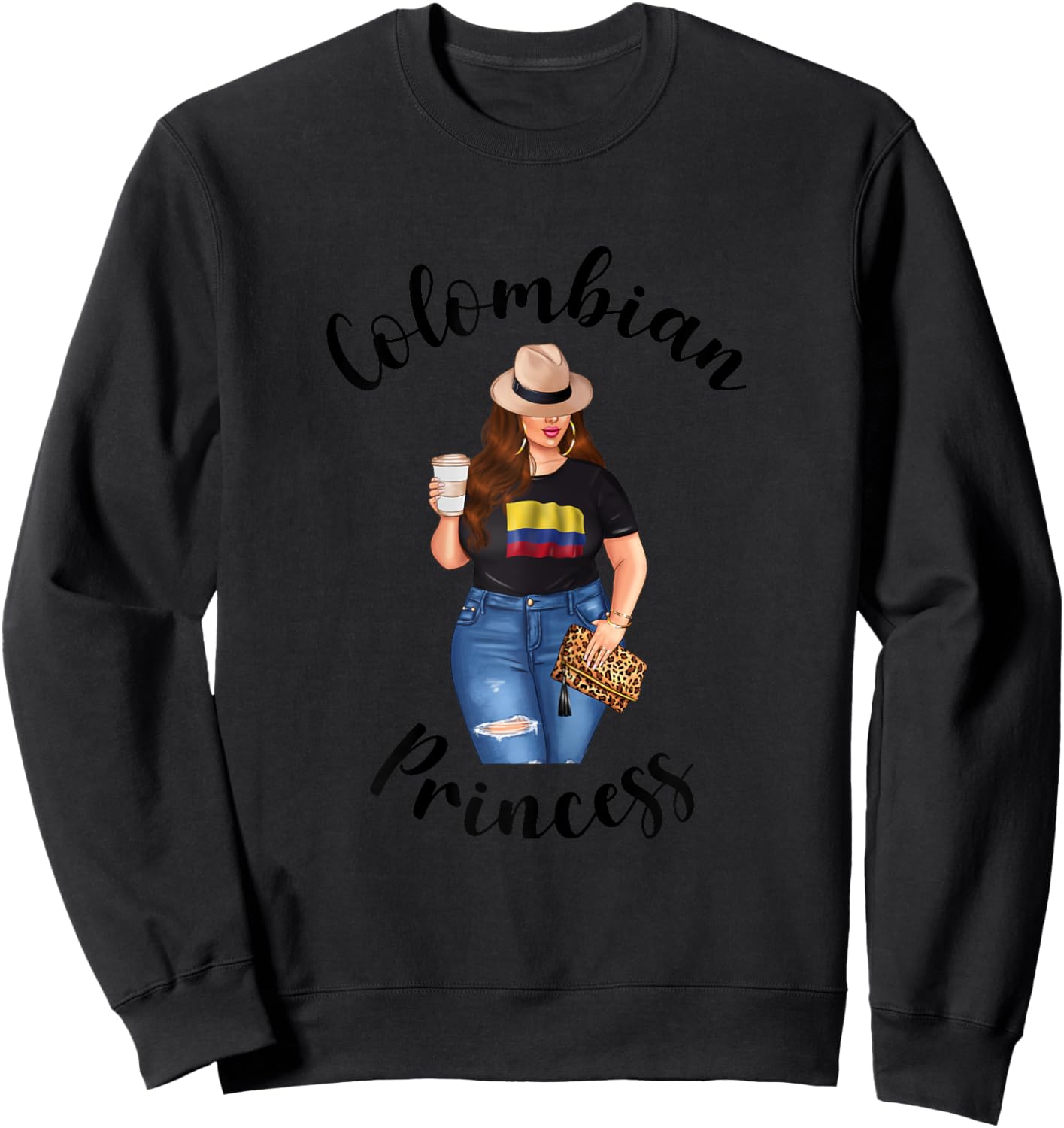 Colombian Princess Woman Colombiana Flag of Colombia Coffee Sweatshirt - Sweatshirt | Black
