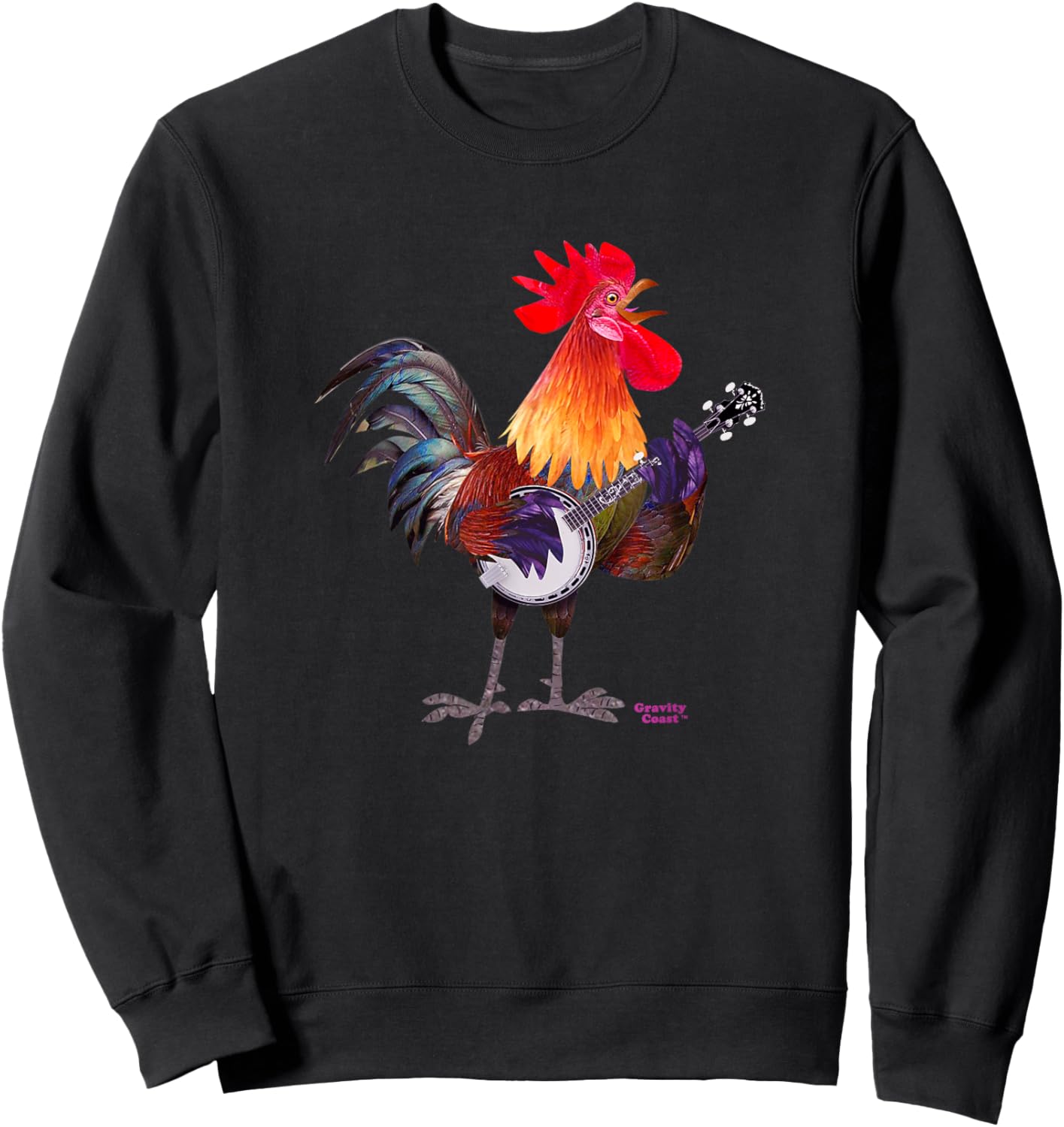 Rooster Playing Banjo on Fleck For Bluegrass Fans Musicians Sweatshirt - Sweatshirt | Black