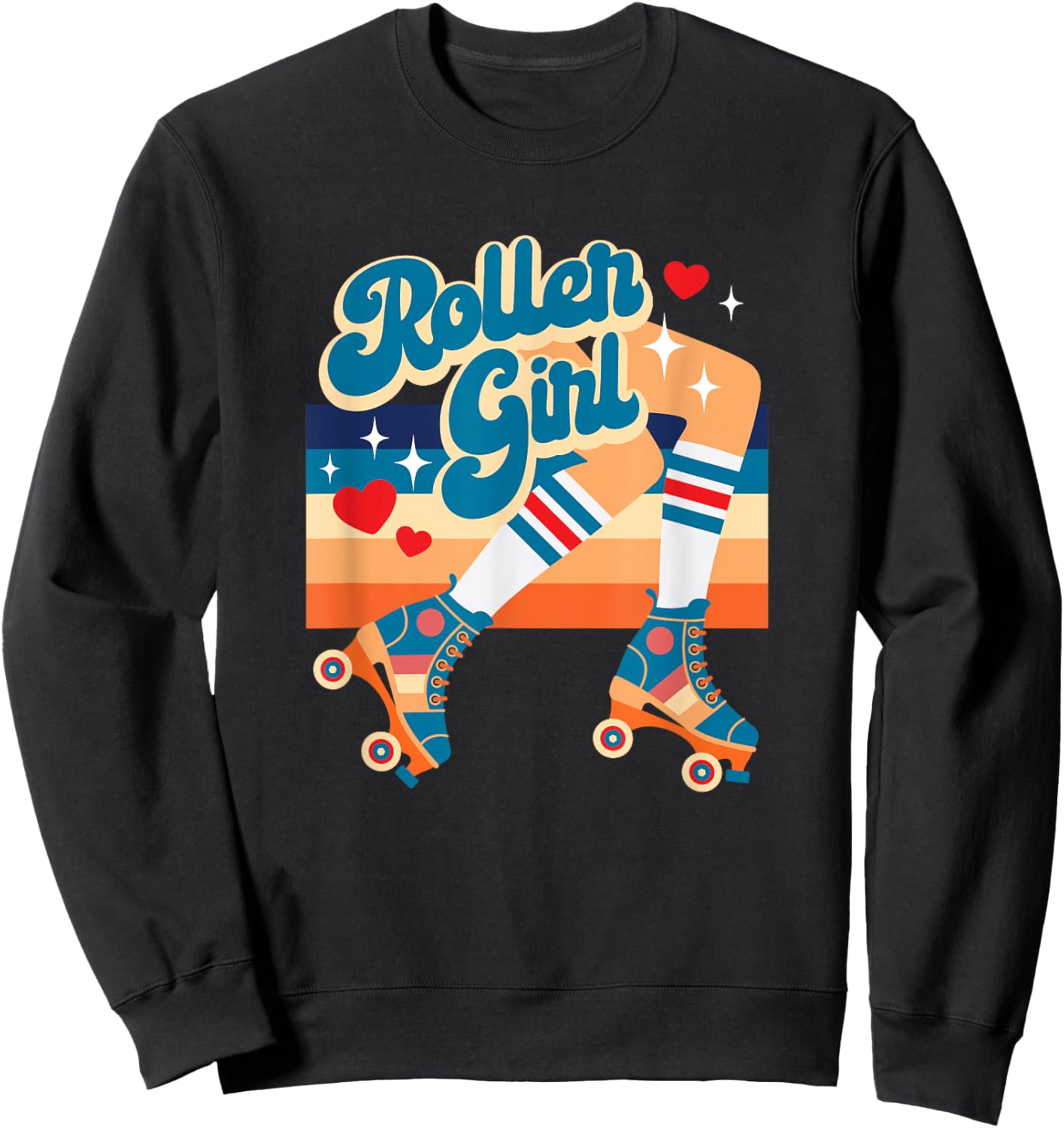 Retro Vintage Roller Girl Roller Skates w Hearts And Stripes Sweatshirt - Sweatshirt | Black