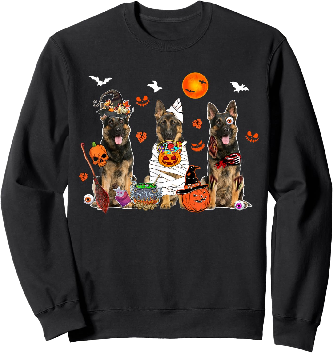 Three German Shepherds Witch Scary Mummy Halloween Zombie Sweatshirt - Sweatshirt | Black