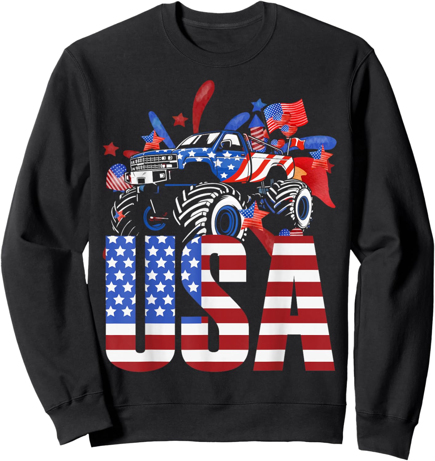 Monster Truck Toddler Boys USA American Flag July 4th Small Sweatshirt - Sweatshirt | Black