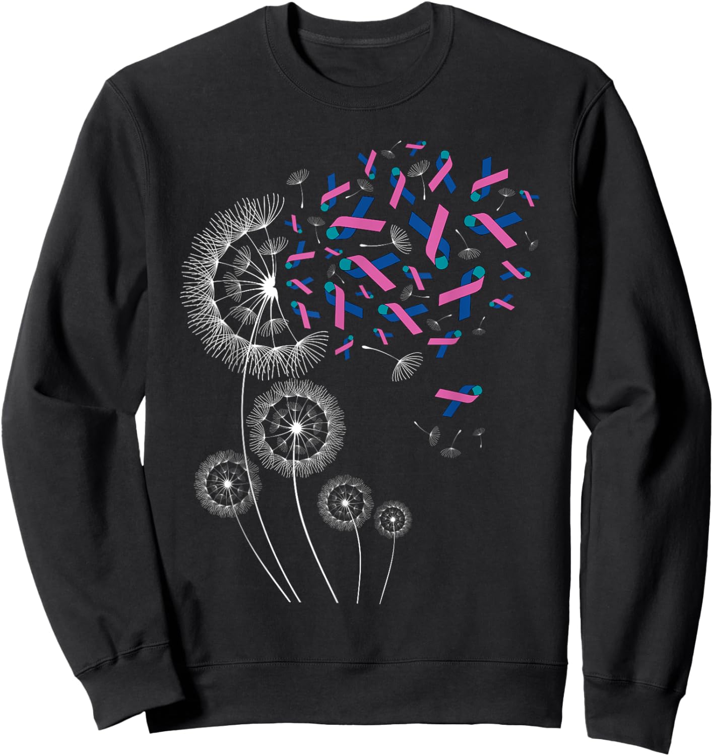 Teal Pink Blue Ribbon & Dandelion Thyroid Cancer Awareness Sweatshirt - Sweatshirt | Black