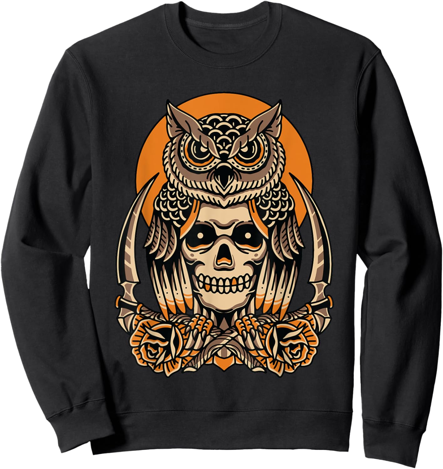 Owl Skull American Traditional Tattoo Old School Flash Sweatshirt - Sweatshirt | Black