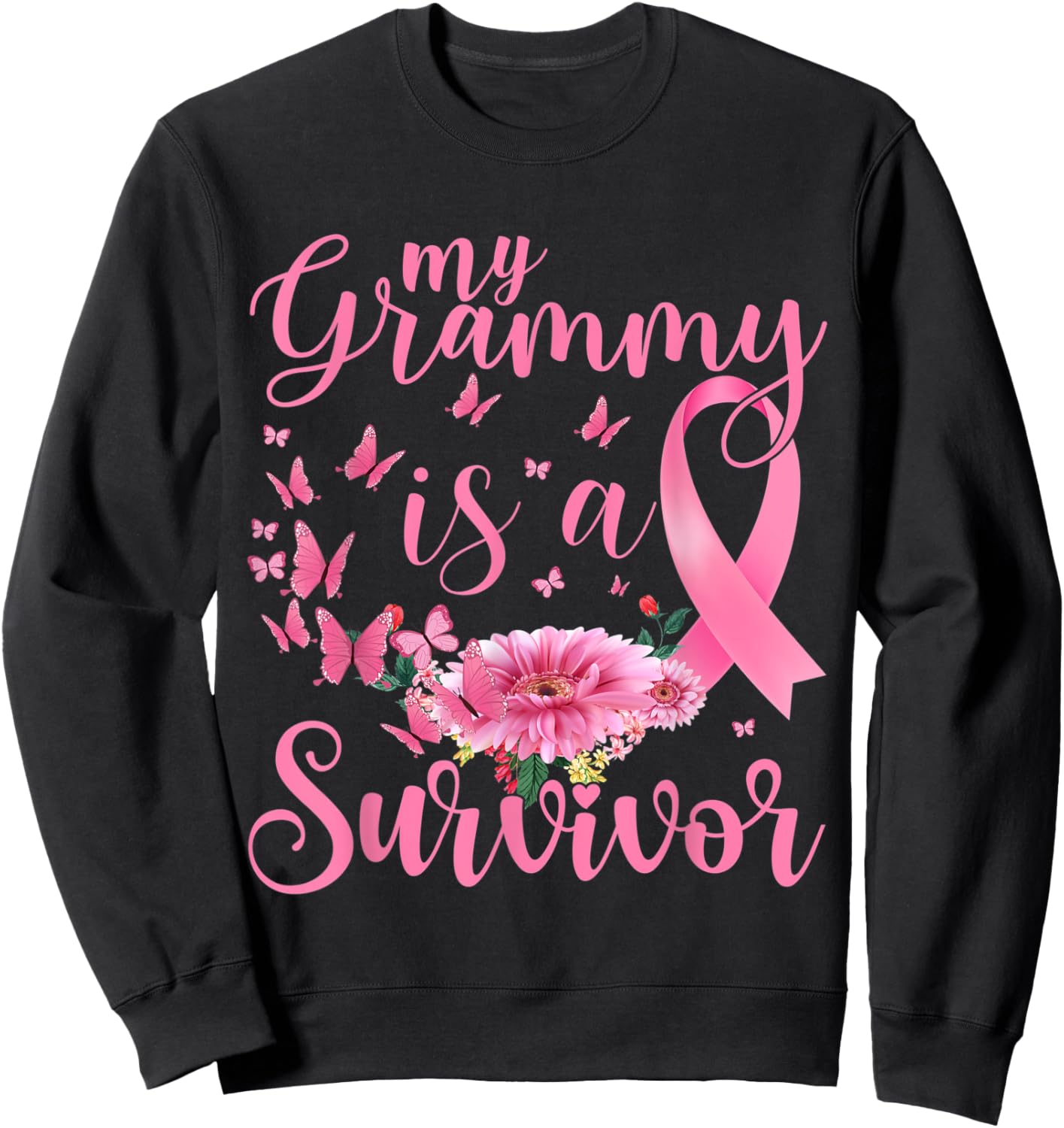 Breast Cancer Awareness Support My Grammy Is A Survivor Sweatshirt - Sweatshirt | Black