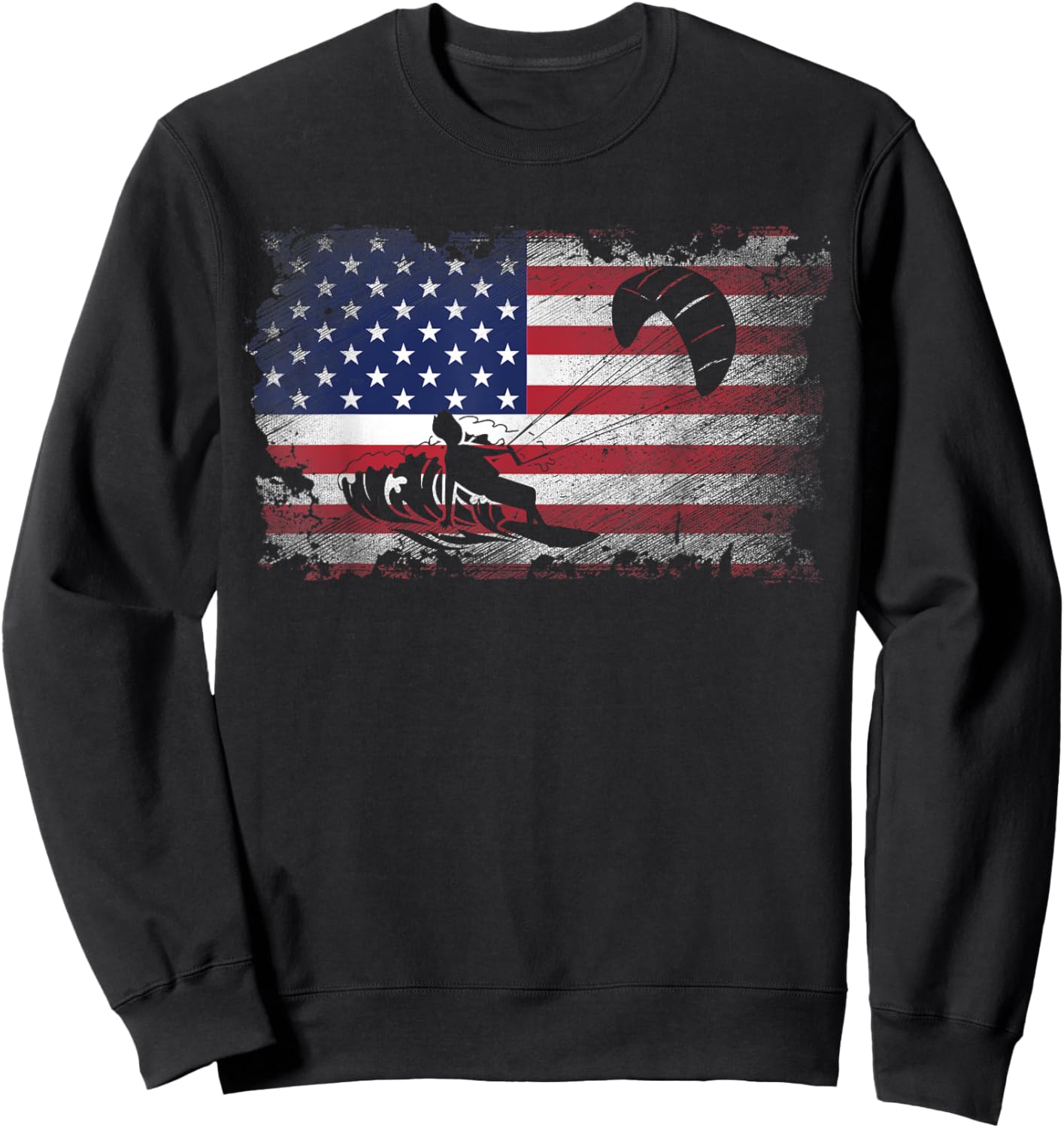 Distressed American Flag Kiteboarding USA Patriotic Gift Women Kids Men Sweatshirt - Sweatshirt | Black