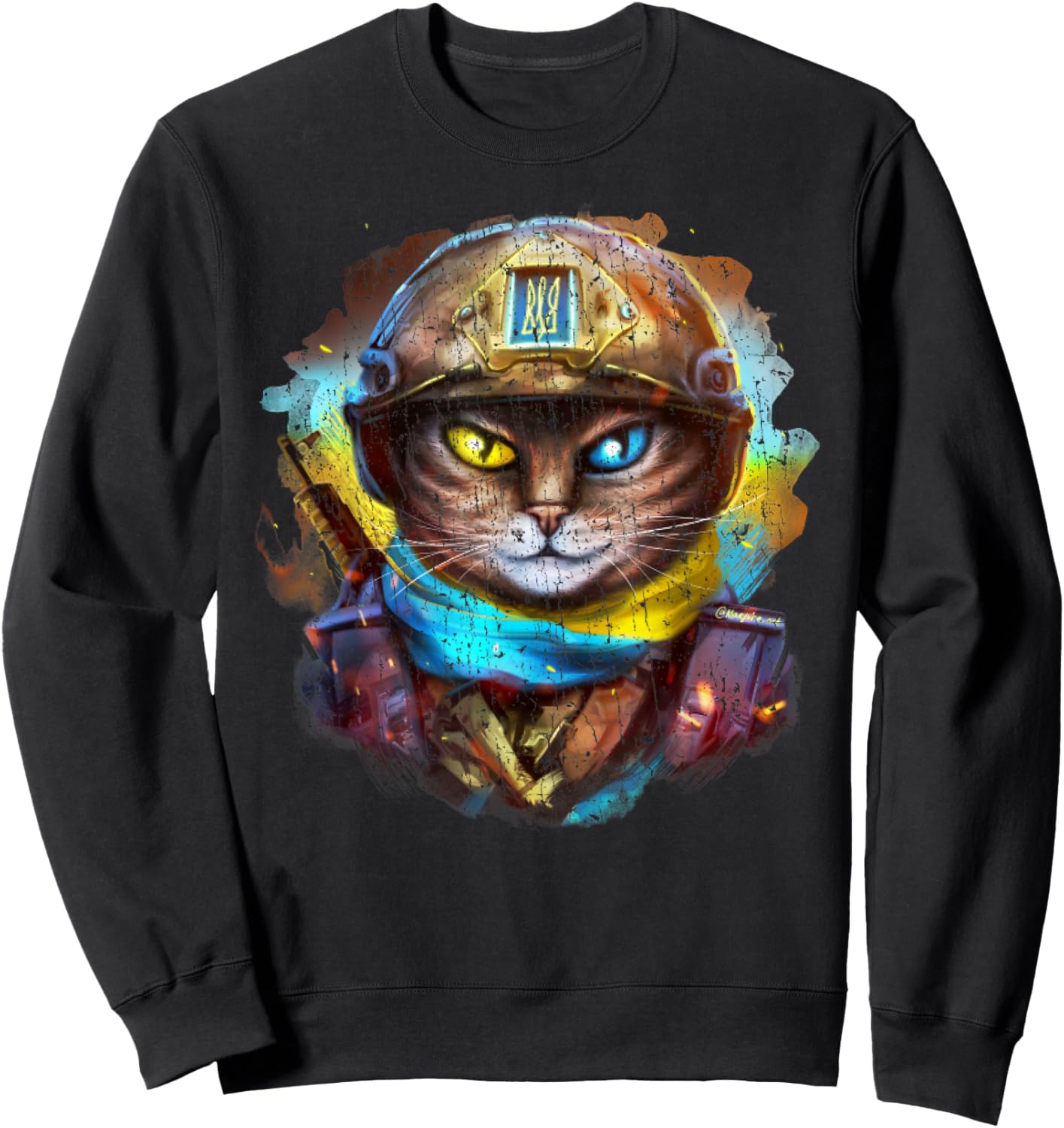 Funny Cat Ukrainian Soldier Flag Vintage Support Ukraine Women Kids Sweatshirt - Sweatshirt | Black