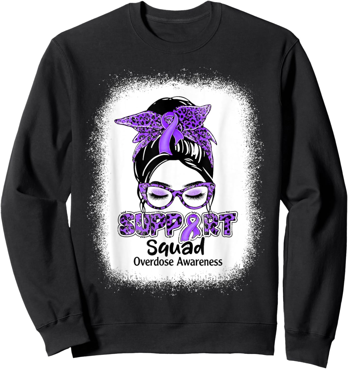 Support Squad Messy Bun Purple Ribbon Overdose Awareness Sweatshirt - Sweatshirt | Black