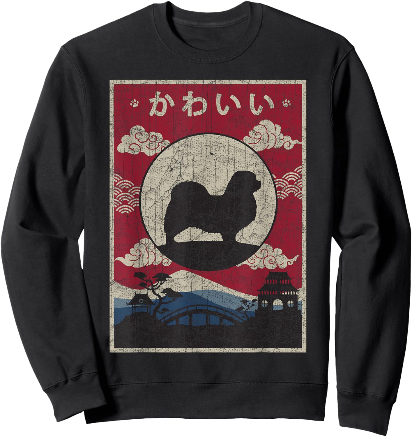 Tibetan Spaniel Japanese Design Kawaii Dog Mom Dad Sweatshirt - Sweatshirt | Black