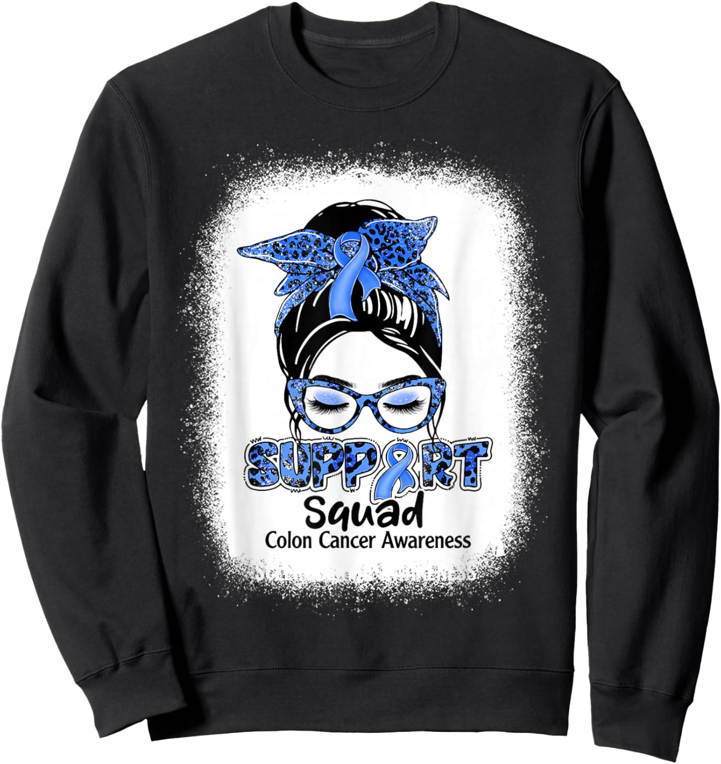 Support Squad Messy Bun Blue Ribbon Colon Cancer Awareness Sweatshirt - Sweatshirt | Black