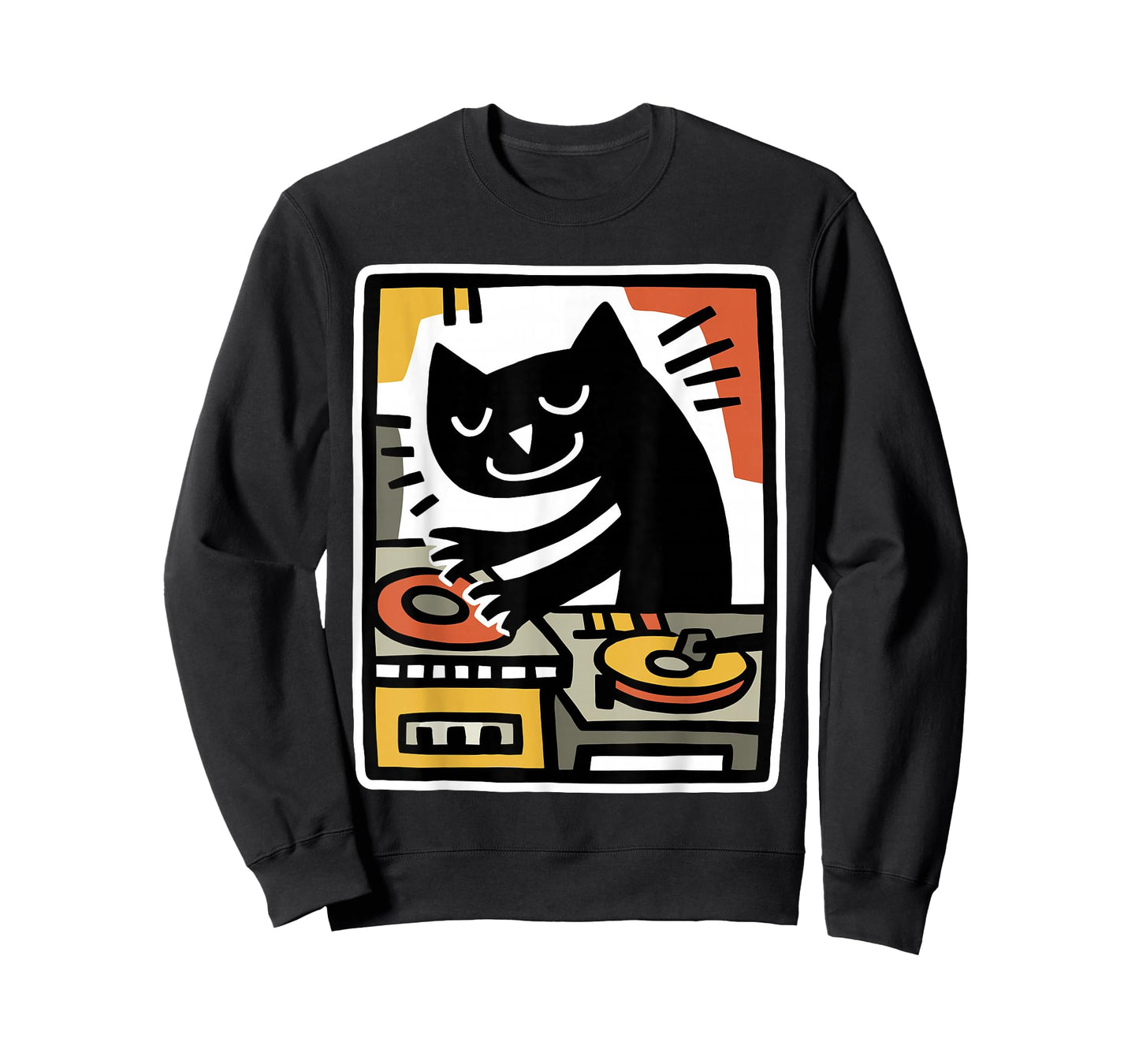 Cool Black Cat DJ Mixing Records Retro Folk Art Illustration T-Shirt