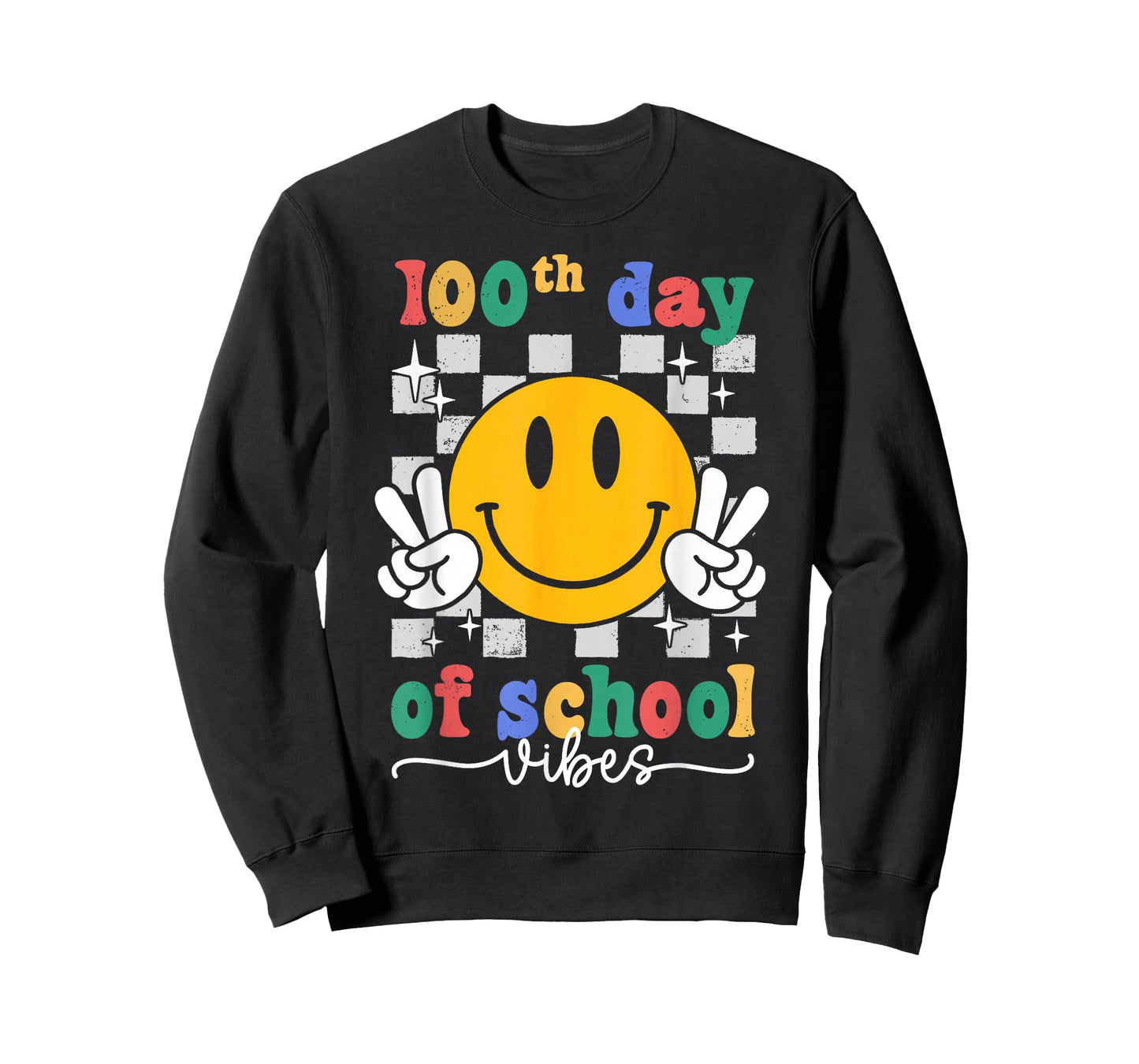 100th Day of School Vibes Checkered Smile Face 100 Days Kids T-Shirt
