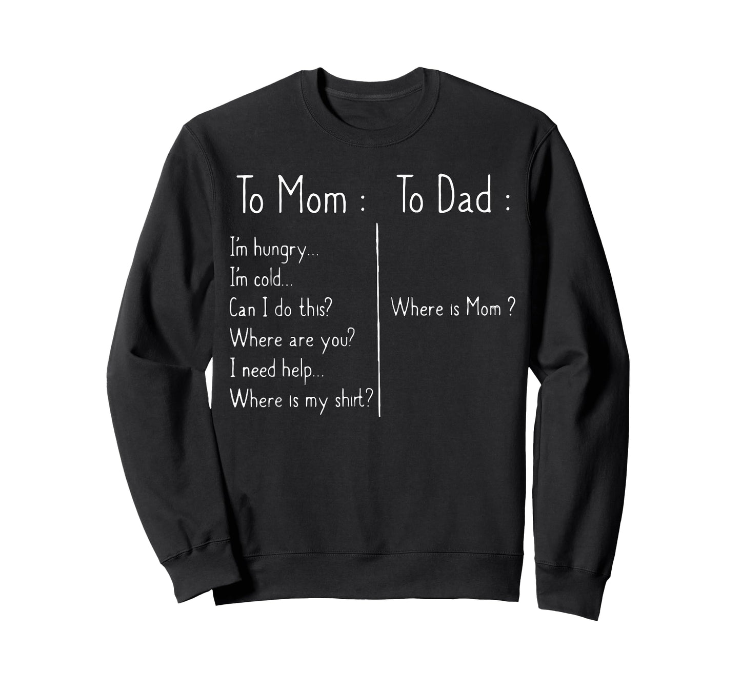 to Mom I'm Hungry I'm Hot I'm Cold to Dad Where is Mom Funny T-Shirt
