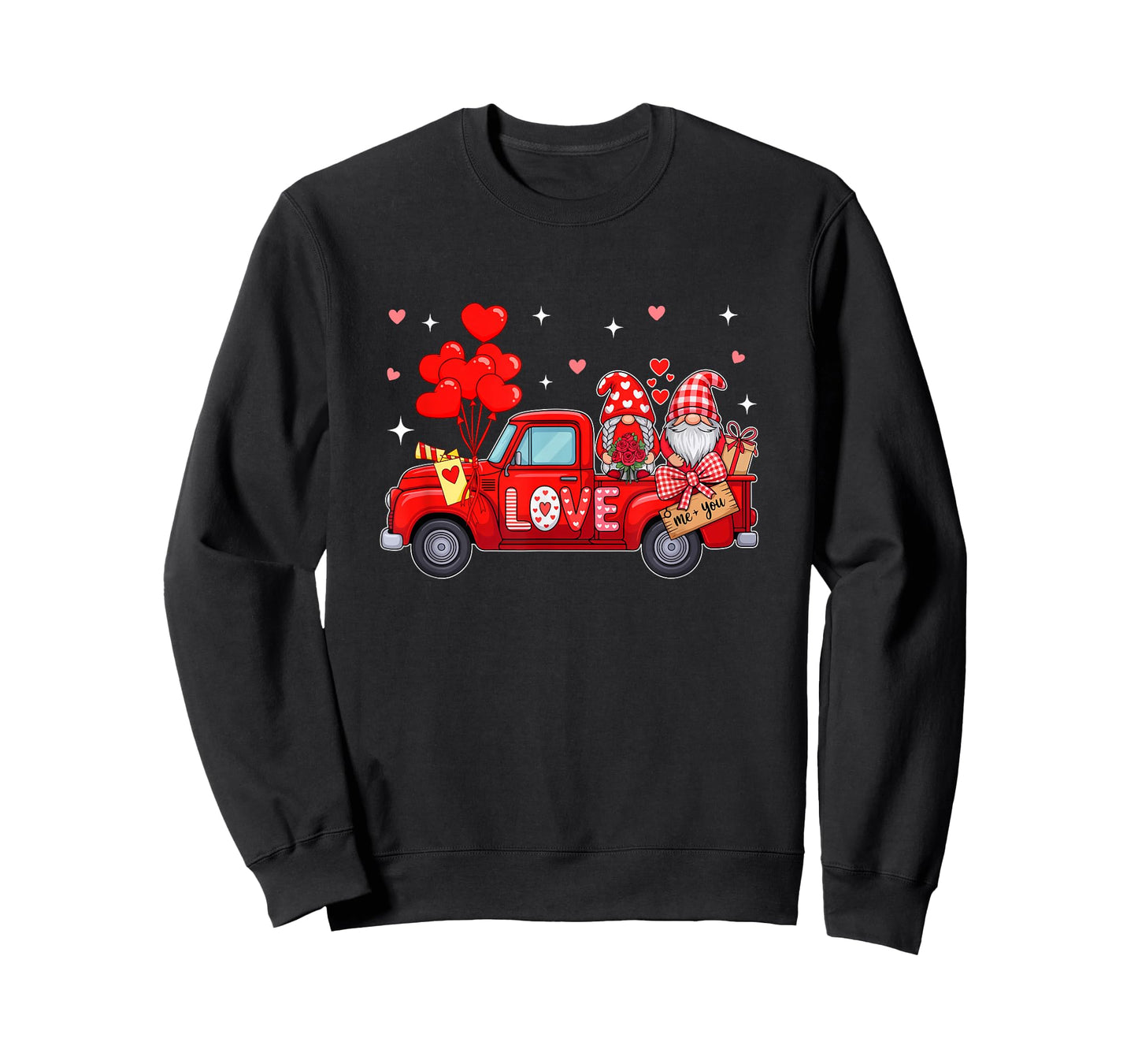 Couple Gnomes On Red Pickup Truck Valentine Floral Hearts T-Shirt