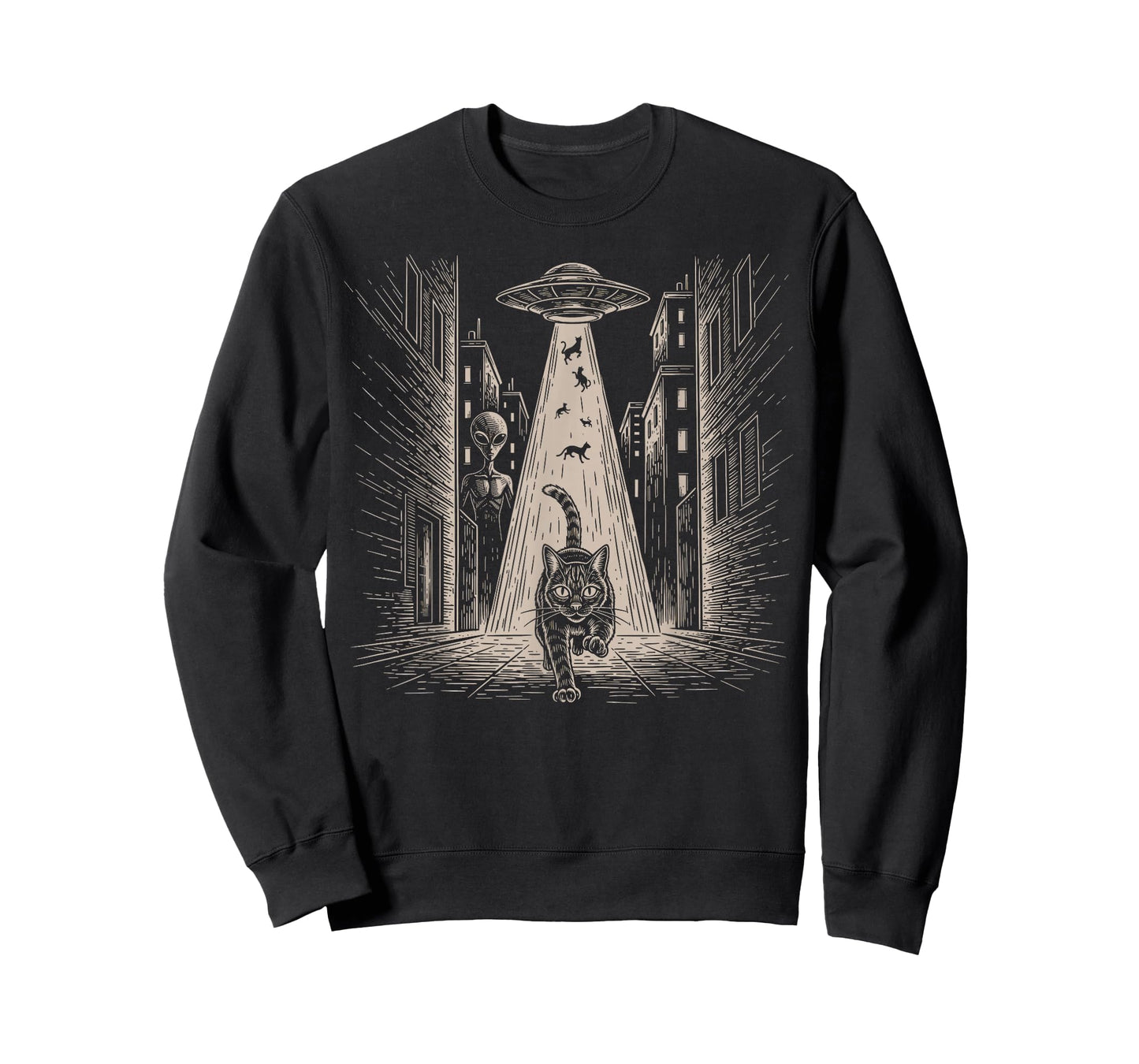 Funny Cat Running from Aliens Vintage Meme Sci-Fi Graphic T-Shirt