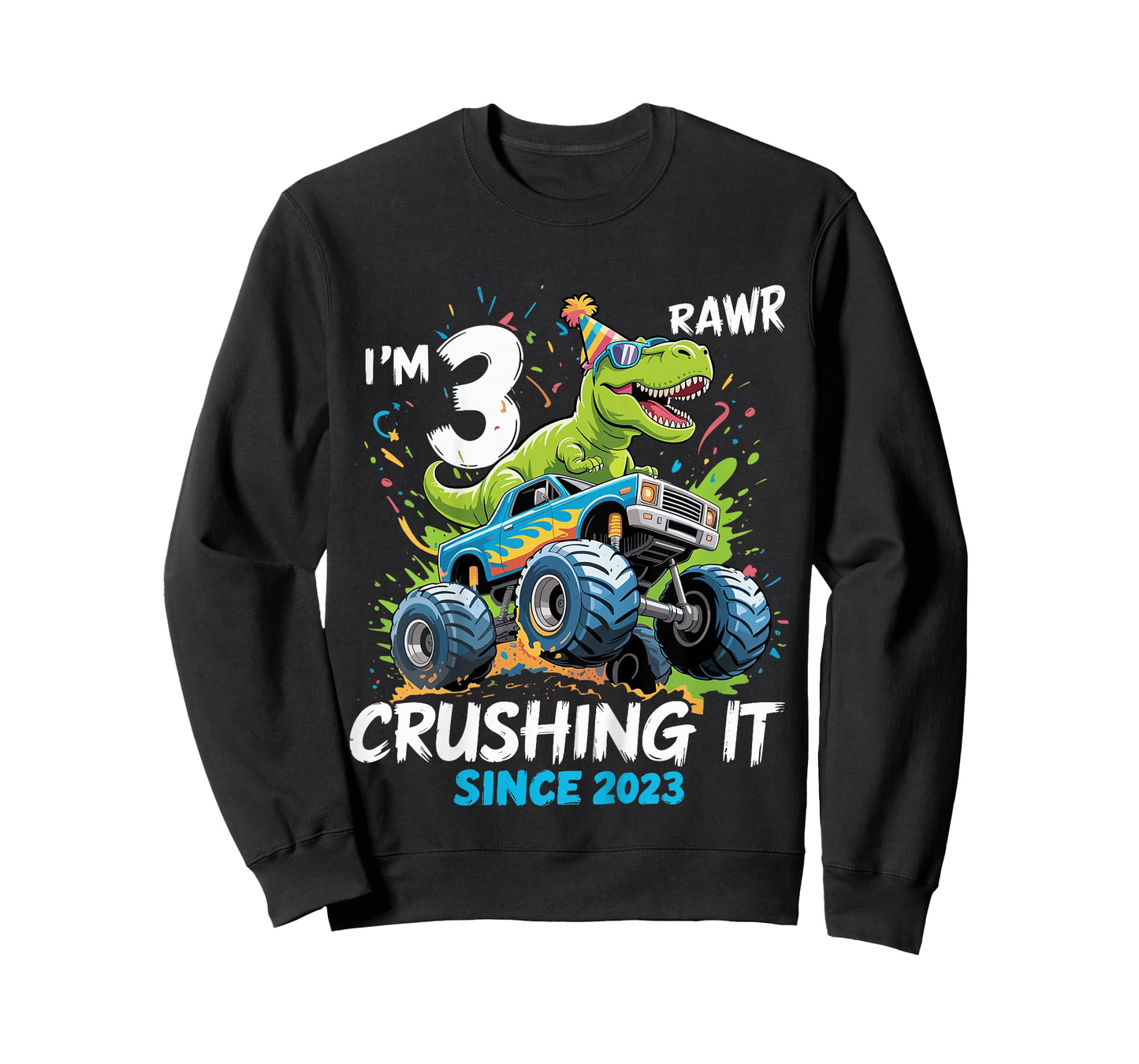 Kids 3rd Birthday Monster Truck Dinosaur 3 Year Old boy Born 2023 T-Shirt