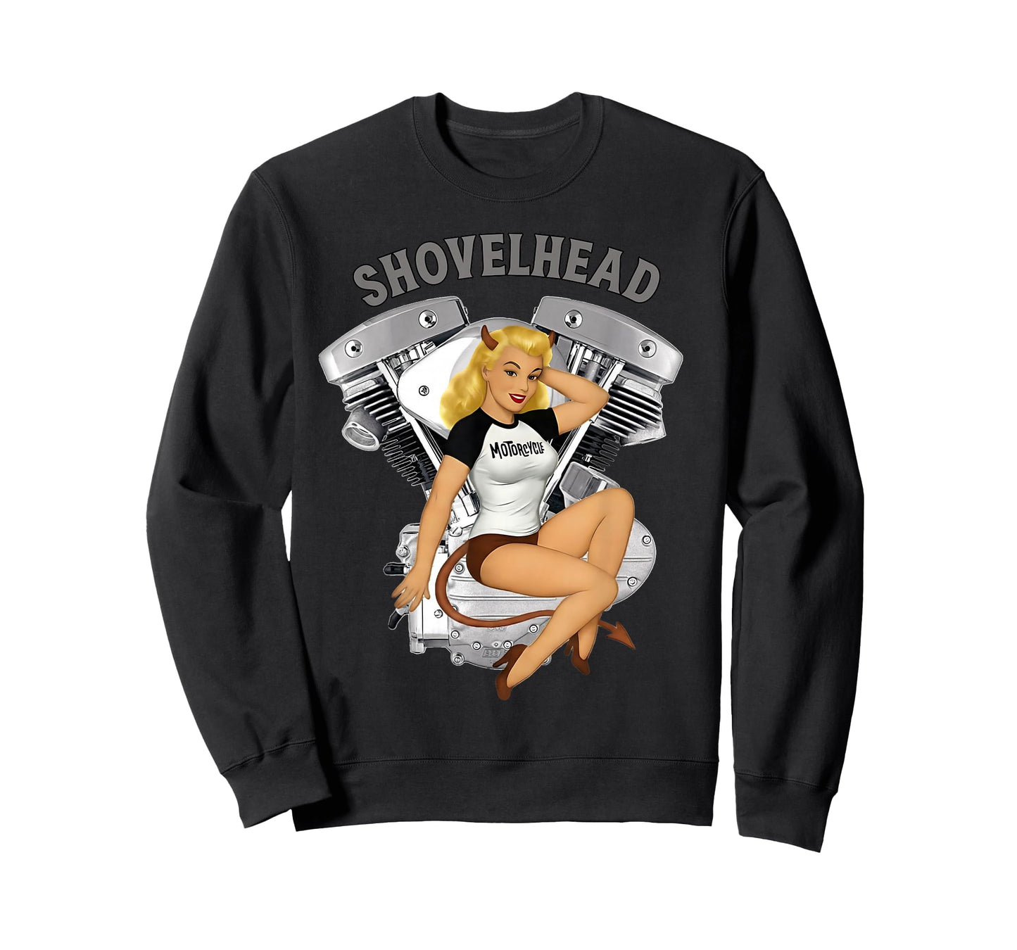 HD Shovelhead Pinup She Devil Biker Motorcycle Engine T-Shirt