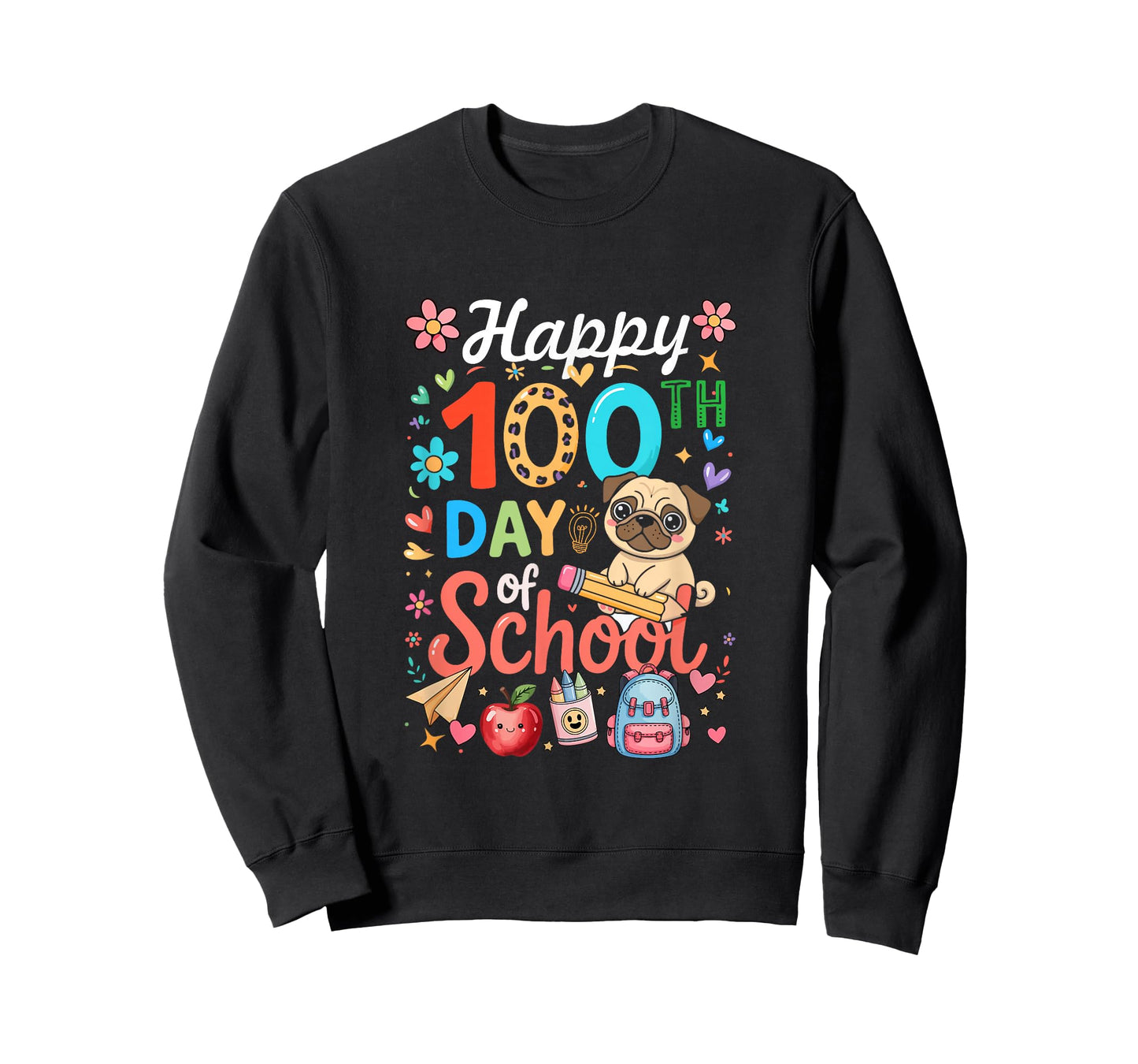 Happy 100th Day of School Colorful Pug Students Teacher T-Shirt