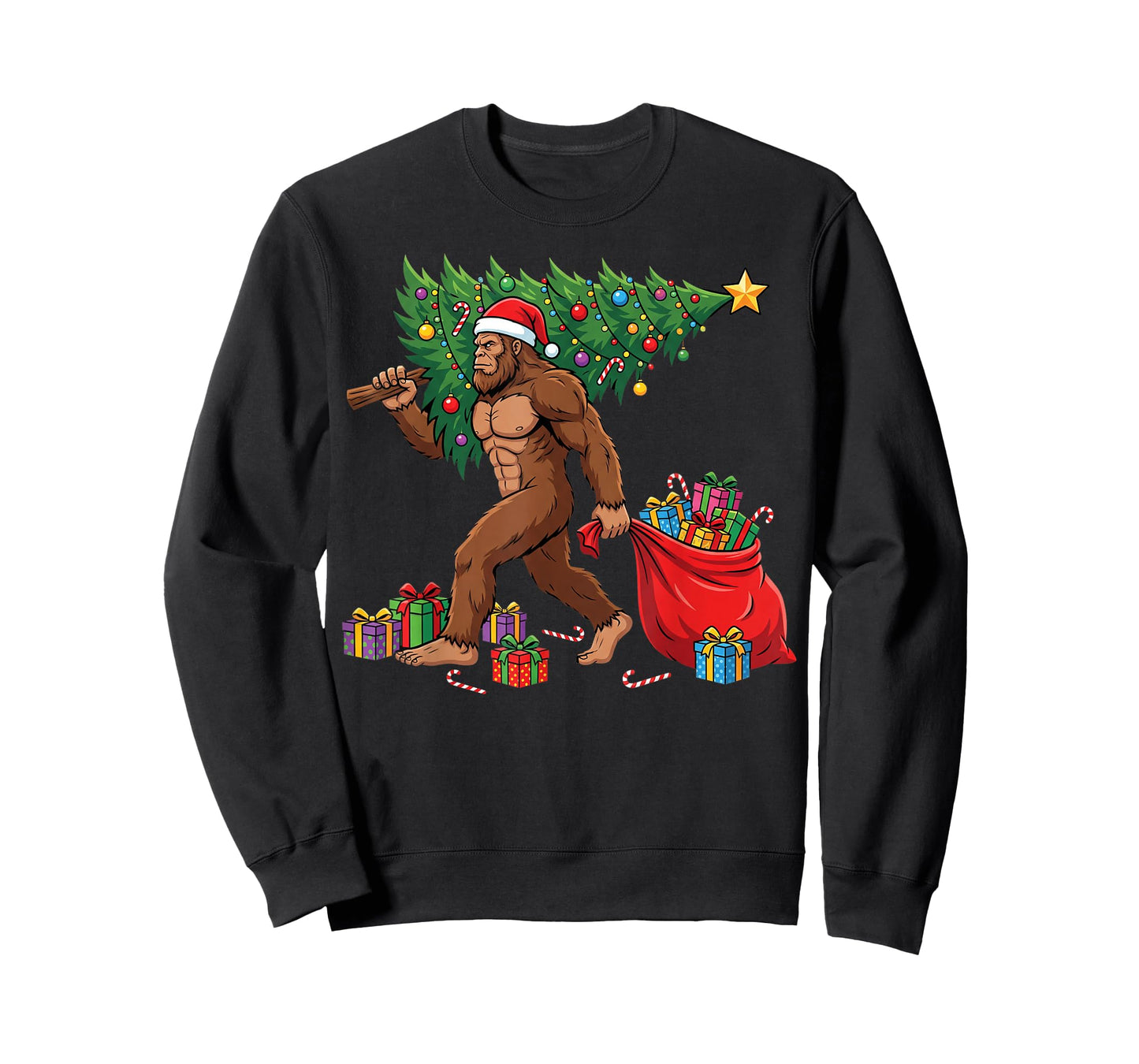 Bigfoot Christmas Tree Lights Xmas Boys Men Sasquatch T-Shirt